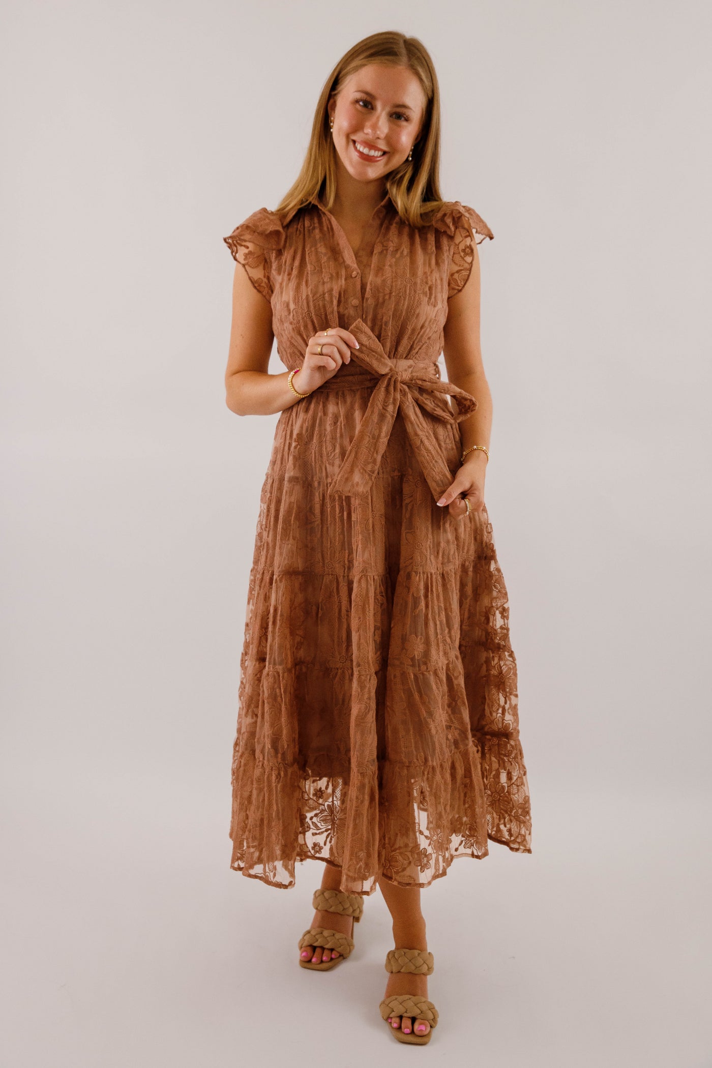 Brown Lace Flutter Sleeve Midi Dress- Women's Sophisticated Midi Dress