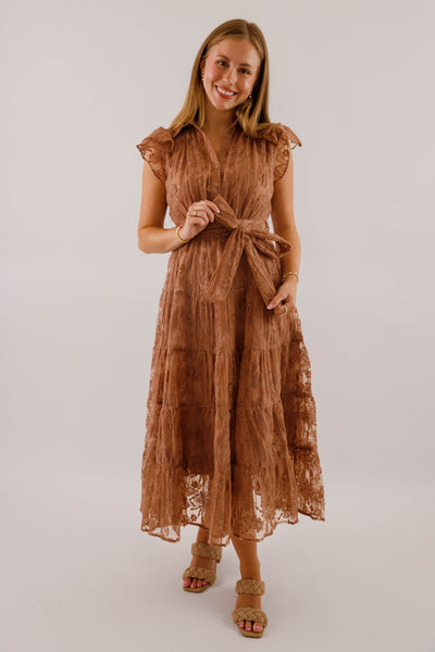 Brown Lace Flutter Sleeve Midi Dress- Women's Sophisticated Midi Dress