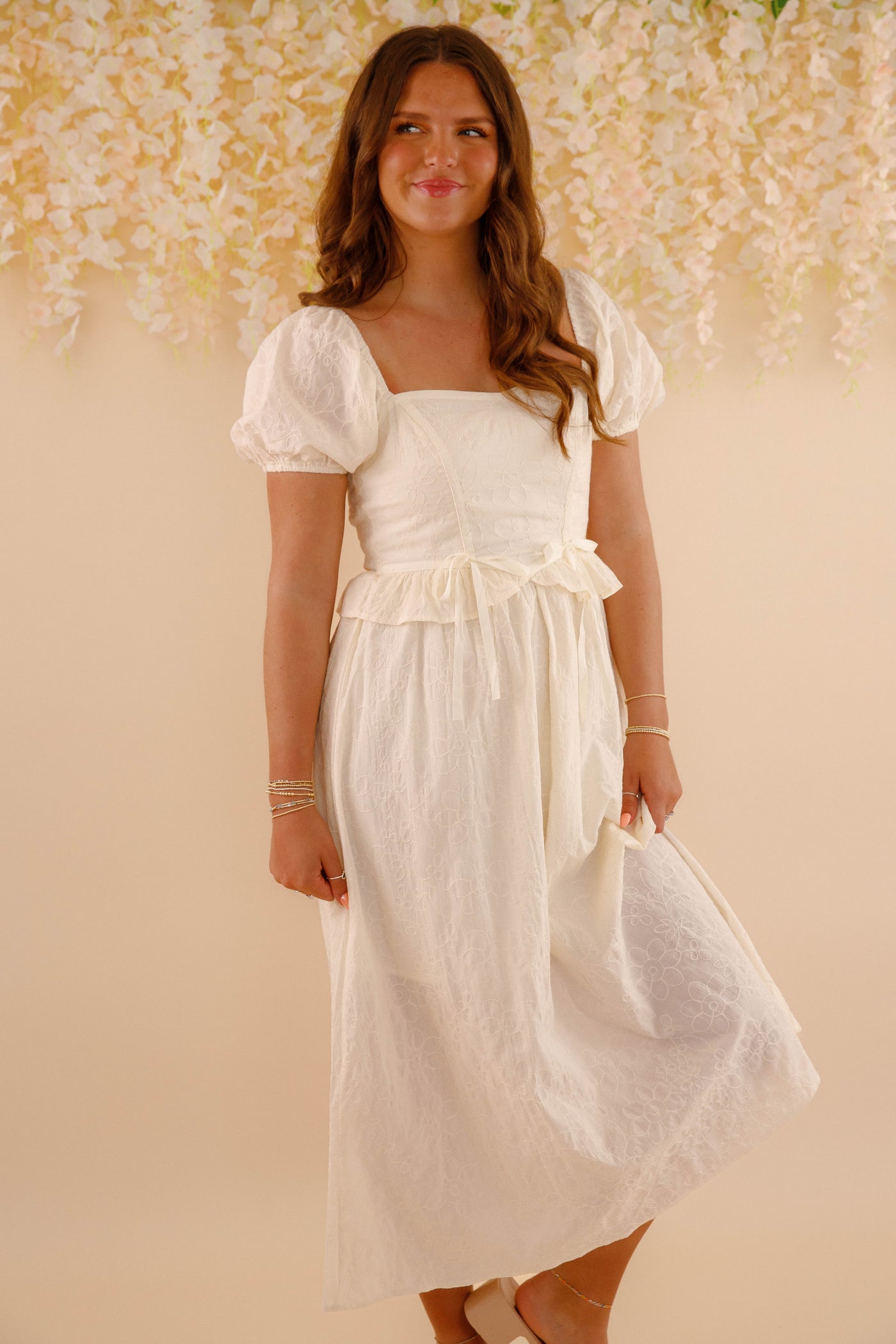 Embroidered Floral Midi Dress- Women's Spring Summer Dresses- Bridal Midi Dress