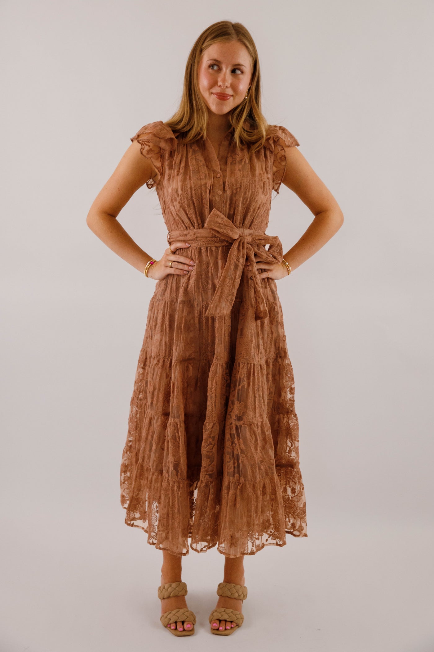 Brown Lace Flutter Sleeve Midi Dress- Women's Sophisticated Midi Dress
