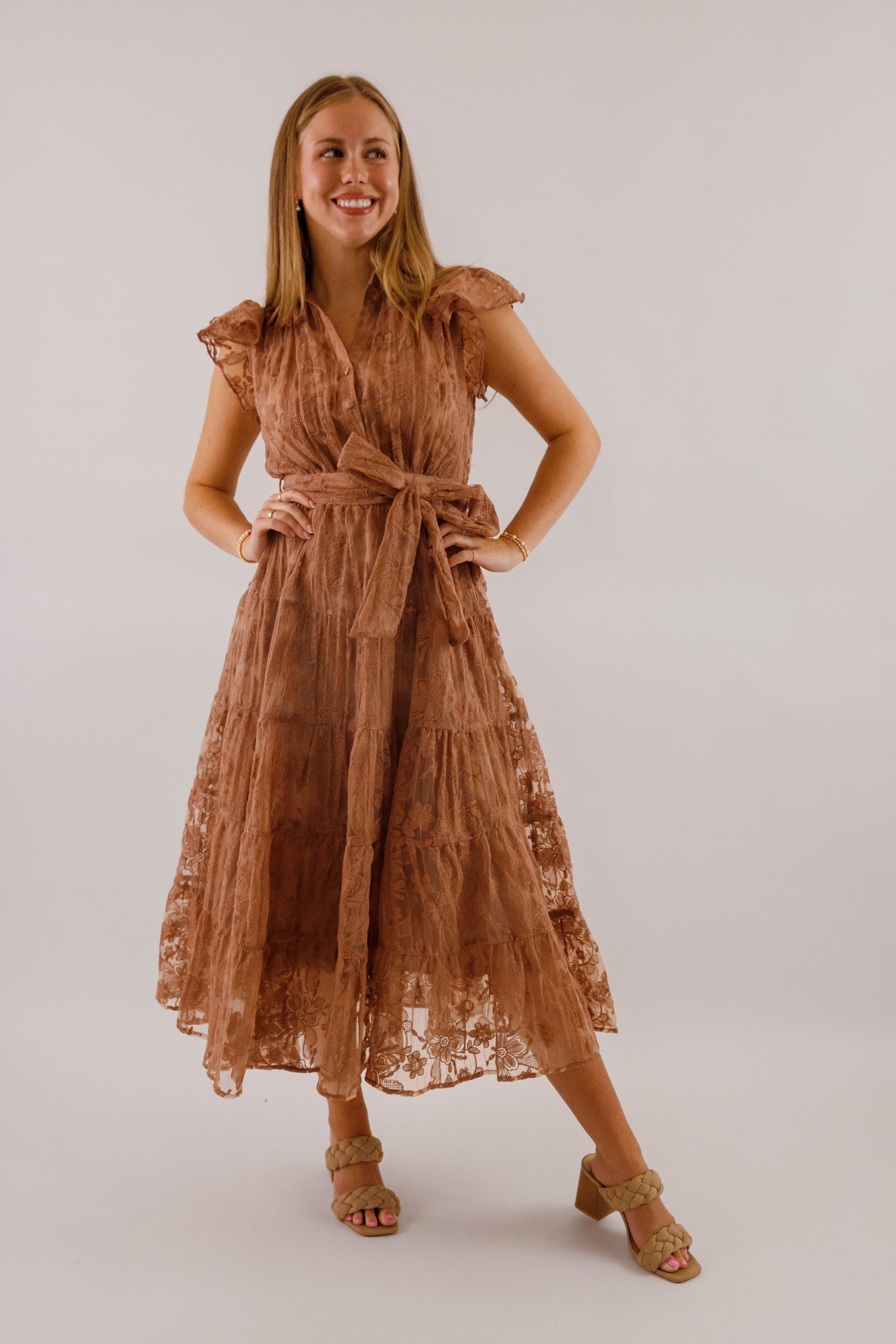 Brown Lace Flutter Sleeve Midi Dress- Women's Sophisticated Midi Dress
