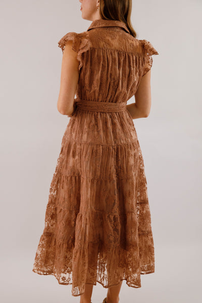 Brown Lace Flutter Sleeve Midi Dress- Women's Sophisticated Midi Dress