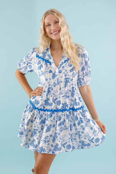 Floral Blue Toile Print Dress- Women's Ric-Rac Dress- Blue Printed Dress