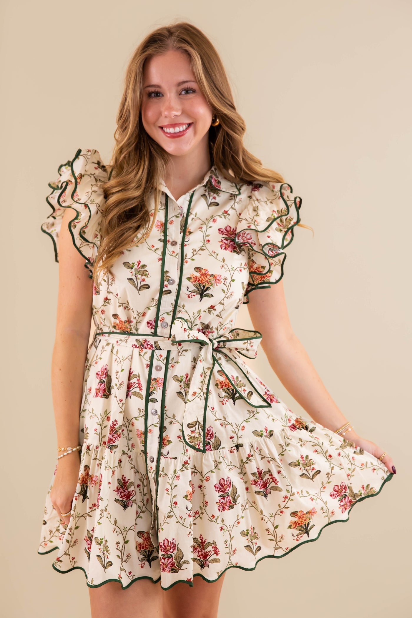 Beige Floral Dress- Women's Short Sleeve Floral Dres- Entro Floral Scalloped Dress