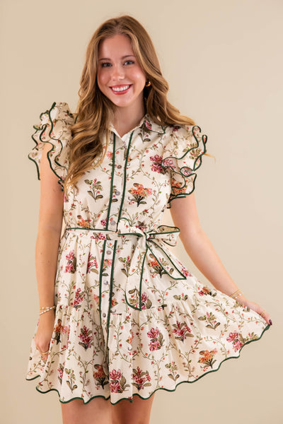 Beige Floral Dress- Women's Short Sleeve Floral Dres- Entro Floral Scalloped Dress