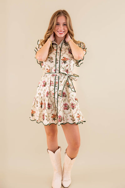 Beige Floral Dress- Women's Short Sleeve Floral Dres- Entro Floral Scalloped Dress