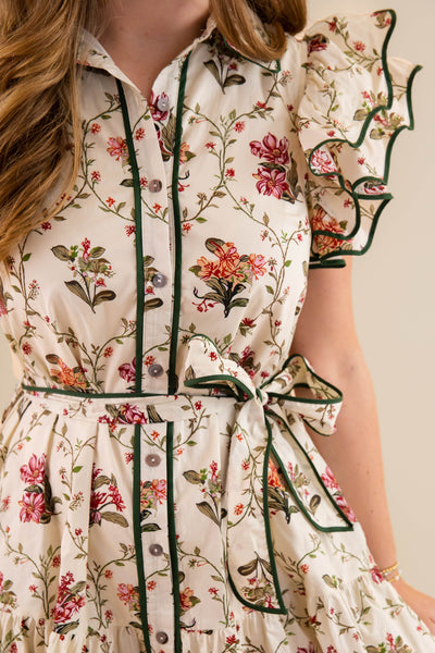 Beige Floral Dress- Women's Short Sleeve Floral Dres- Entro Floral Scalloped Dress