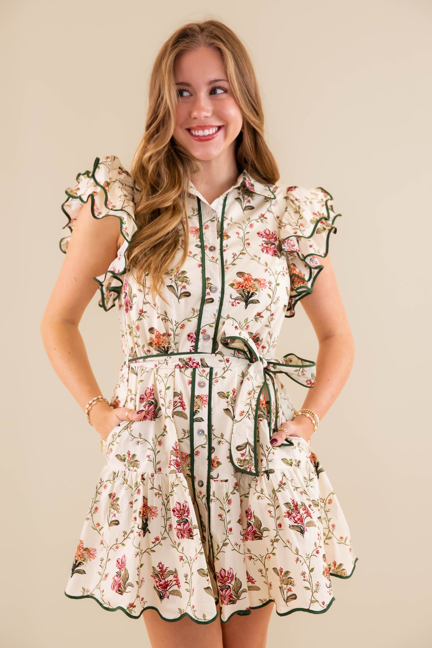 Beige Floral Dress- Women's Short Sleeve Floral Dres- Entro Floral Scalloped Dress