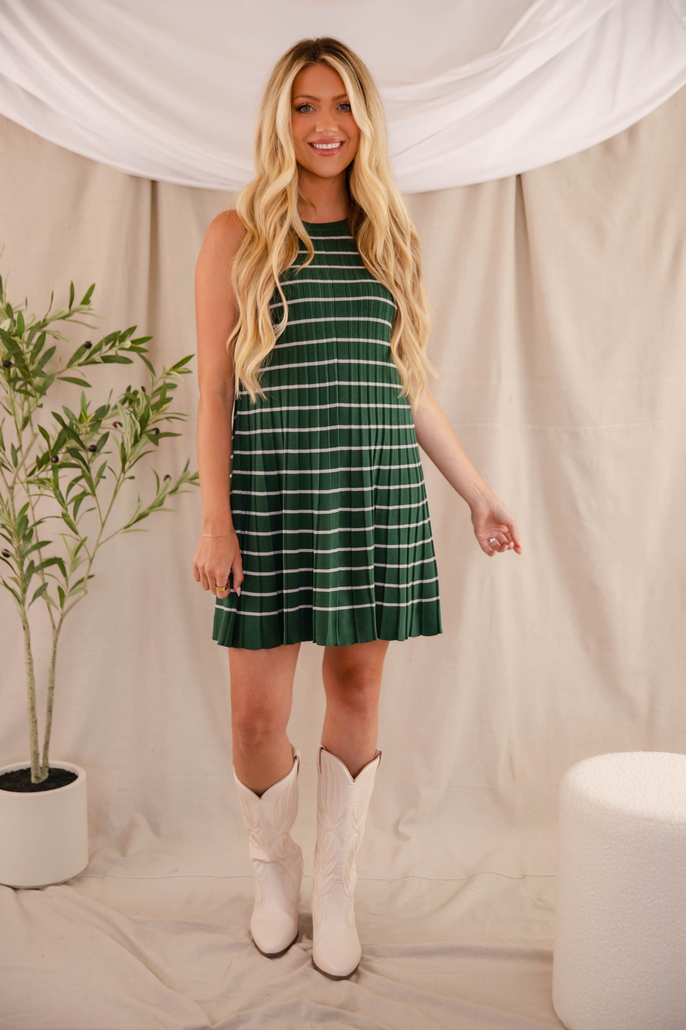 Striped Knit Mini Dress- Women's Sweater Dress- Green Sweater Dress- Wishlist Dress