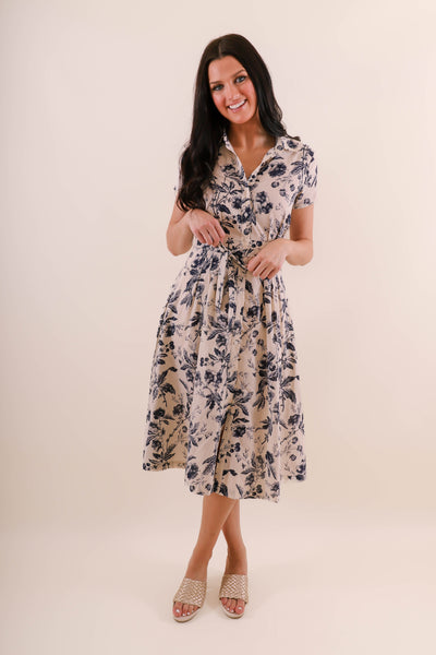 Women's Collar Button Down Midi Dress- Blue and Beige Print Midi Dress- Aakaa Dresses