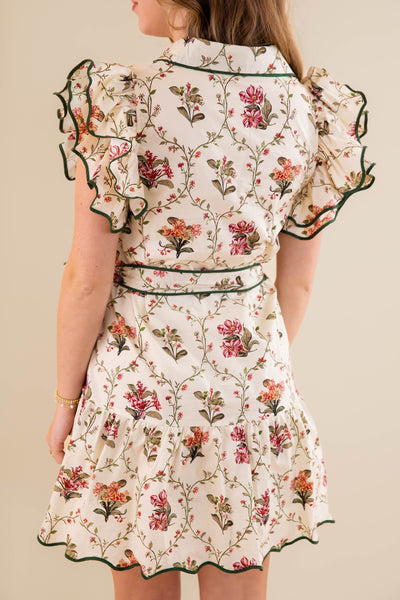 Beige Floral Dress- Women's Short Sleeve Floral Dres- Entro Floral Scalloped Dress