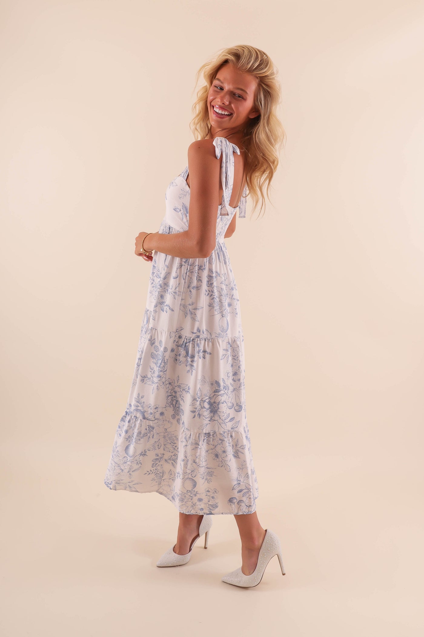 White Tiered Midi Dress with Blue Floral Design and Tie Straps