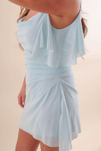 Mint Mesh Rhinestone Mini Dress- Short Cocktail Dress with Rhinestone Embellishments 