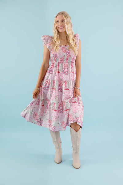 Floral Patchwork Midi Dress- Pink Feminine Floral Midi Dress- Patchwork Midi Dress by Aureum