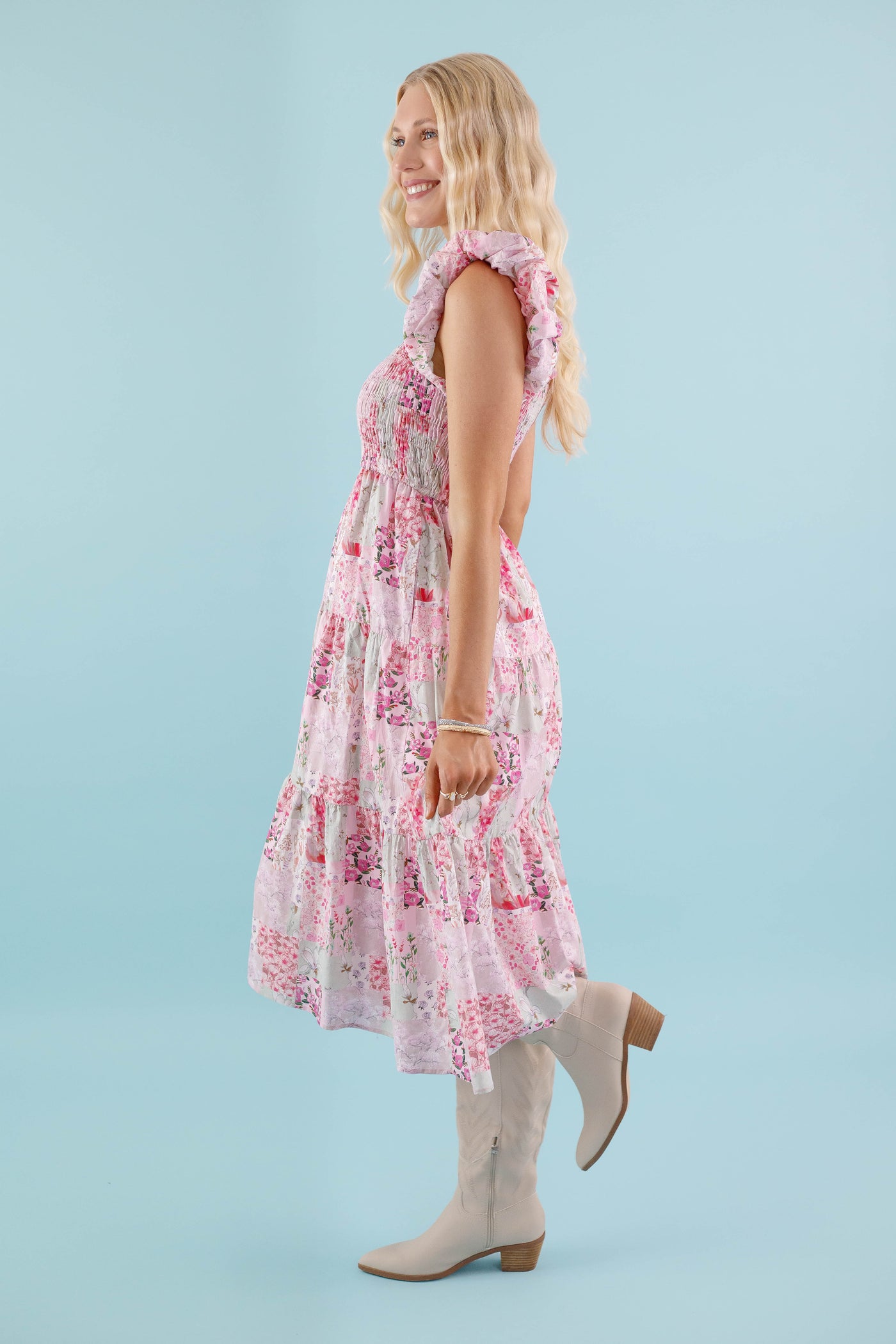 Floral Patchwork Midi Dress- Pink Feminine Floral Midi Dress- Patchwork Midi Dress by Aureum