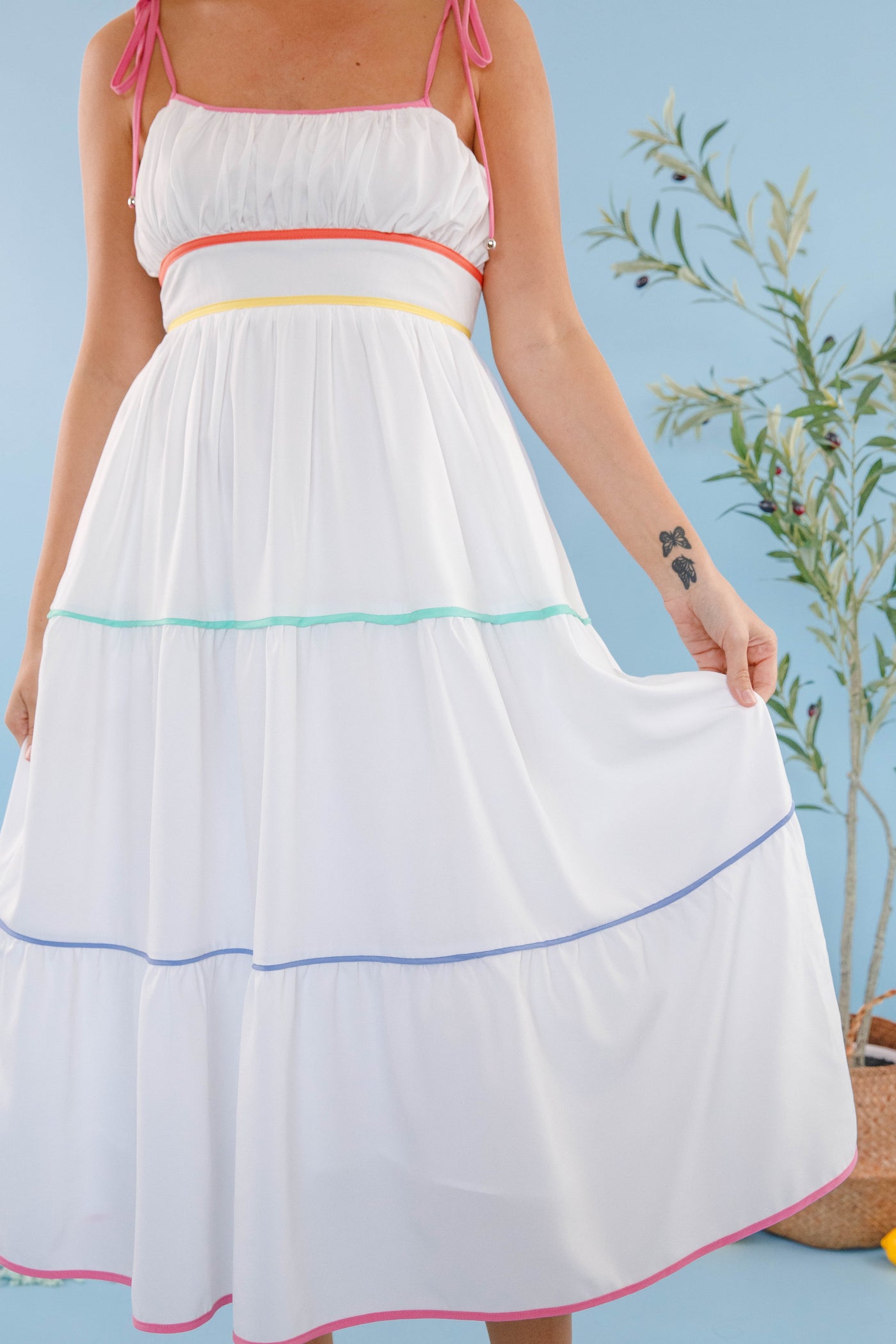 Women's Colorful Stripe Midi Dress- White Midi Dress With Rainbow Piping