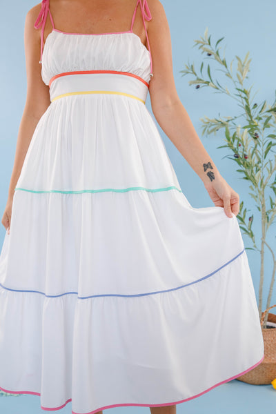 Women's Colorful Stripe Midi Dress- White Midi Dress With Rainbow Piping
