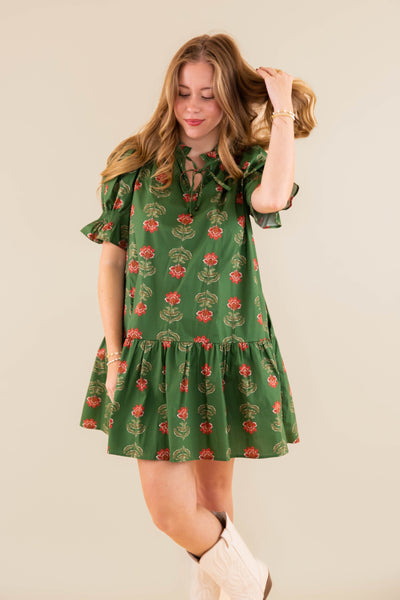 Floral Print Short Sleeve Dress- Women's Olive Floral Dress- Entro Floral Dress