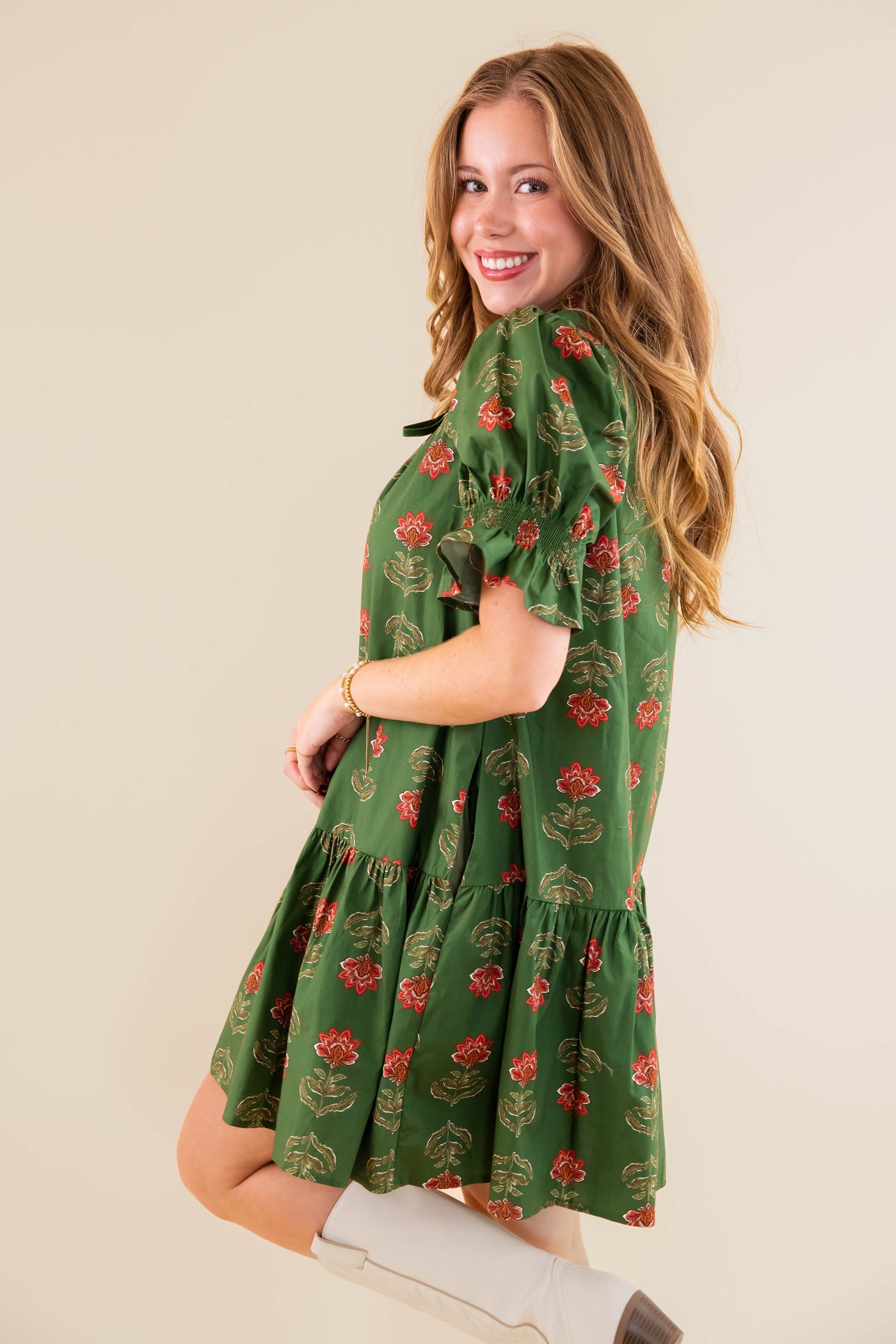 Floral Print Short Sleeve Dress- Women's Olive Floral Dress- Entro Floral Dress
