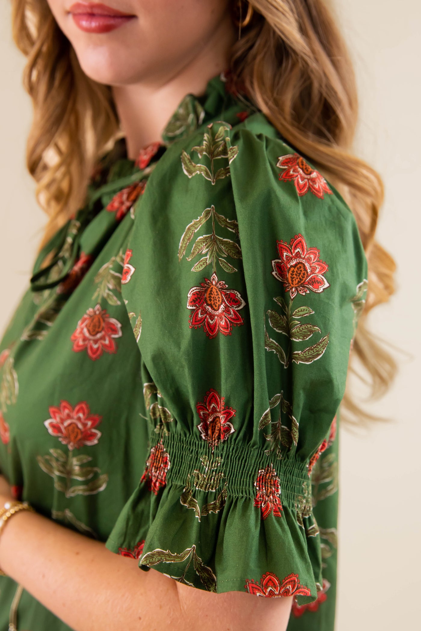 Floral Print Short Sleeve Dress- Women's Olive Floral Dress- Entro Floral Dress