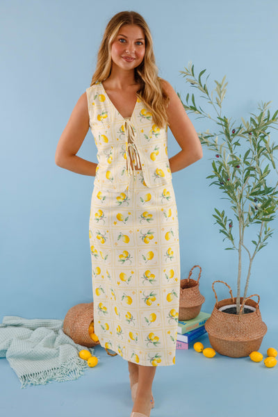 Lemon Print Maxi Skirt- A-Line Linen Skirt- Women's Lemon Print Set
