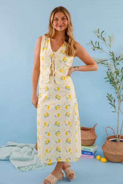 Lemon Print Vest Top- Front Tie Sleeveless Blouse- Women's Lemon Print Set