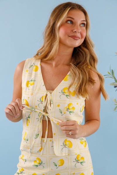 Lemon Print Vest Top- Front Tie Sleeveless Blouse- Women's Lemon Print Set