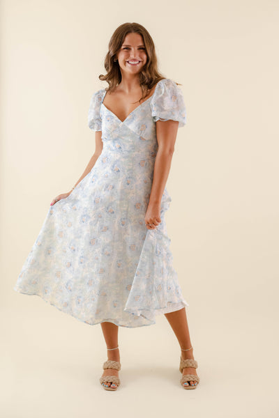 Blue Puff Sleeve Midi Dress- Pastel Flower Print Dress- Wedding Guest Dresses