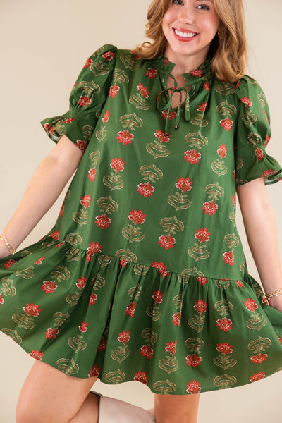 Floral Print Short Sleeve Dress- Women's Olive Floral Dress- Entro Floral Dress