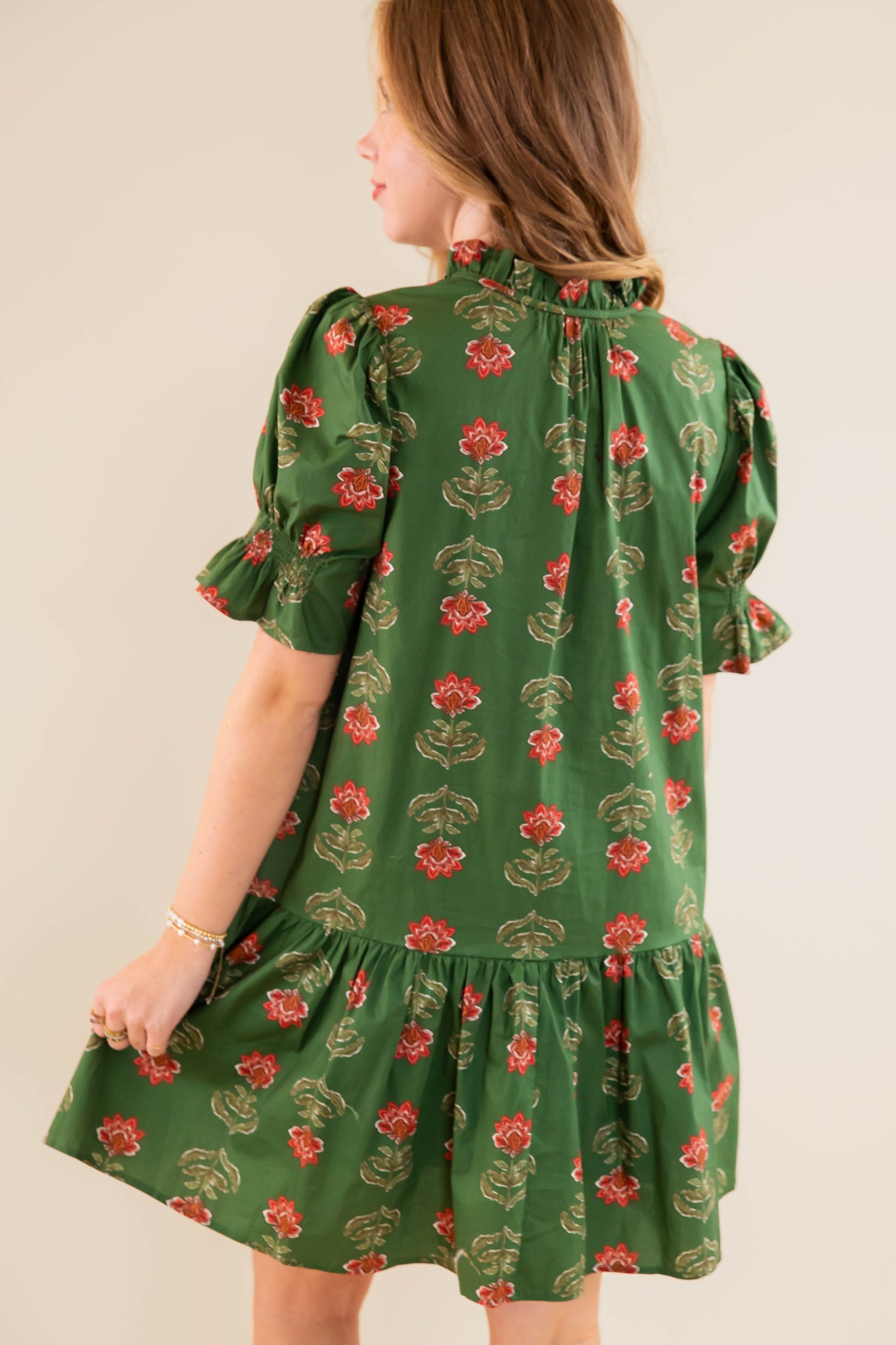 Floral Print Short Sleeve Dress- Women's Olive Floral Dress- Entro Floral Dress