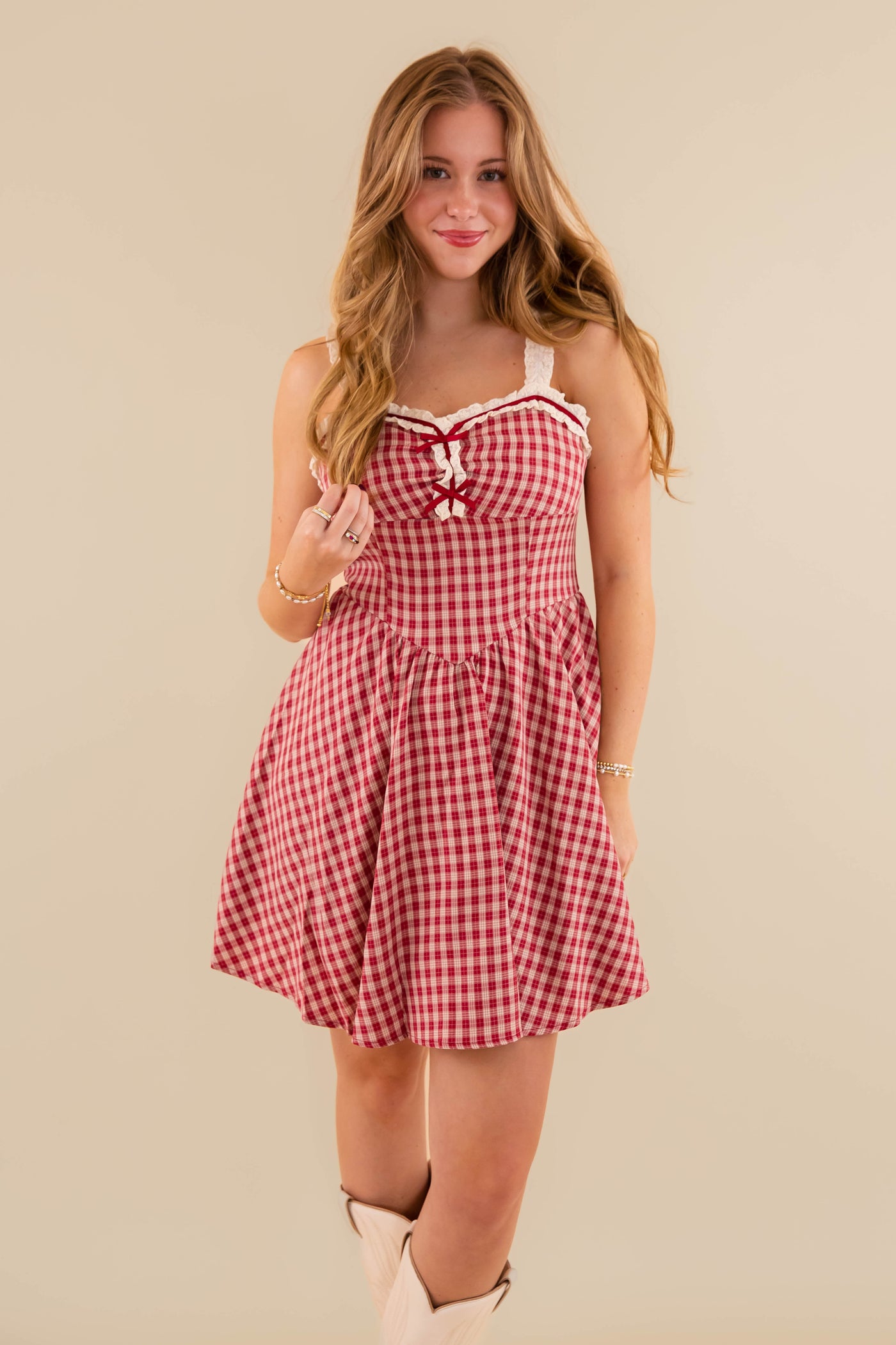 Vintage Inspired Gingham Mini Dress- Women's Checked Dress With Bow Detailing- Rosie Posie Plaid Dress