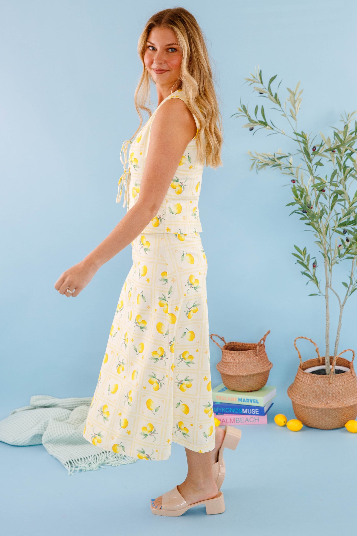 Lemon Print Maxi Skirt- A-Line Linen Skirt- Women's Lemon Print Set