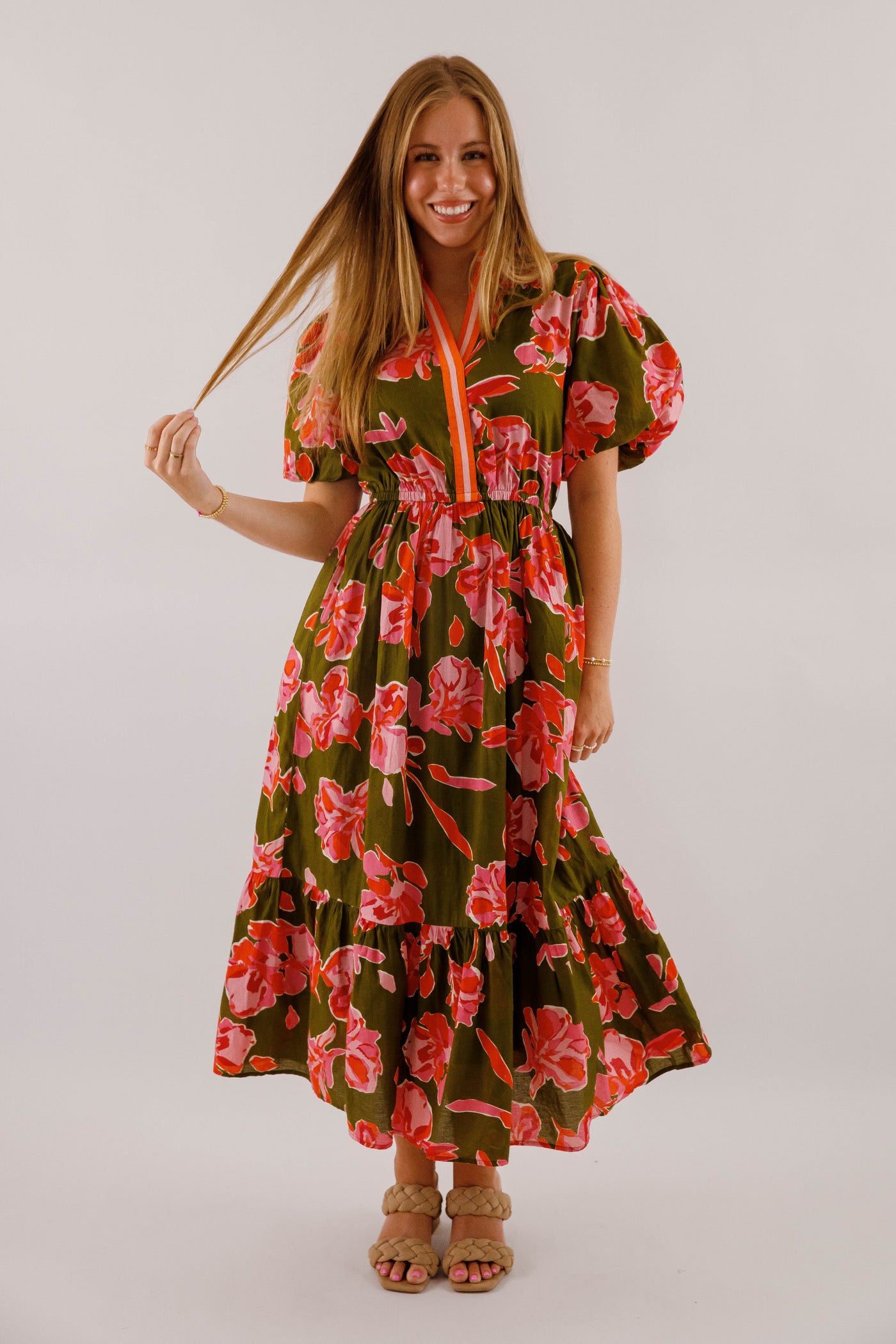 Women's Olive Printed Dress- THML Midi Dress- Women's Anthro Midi Dress