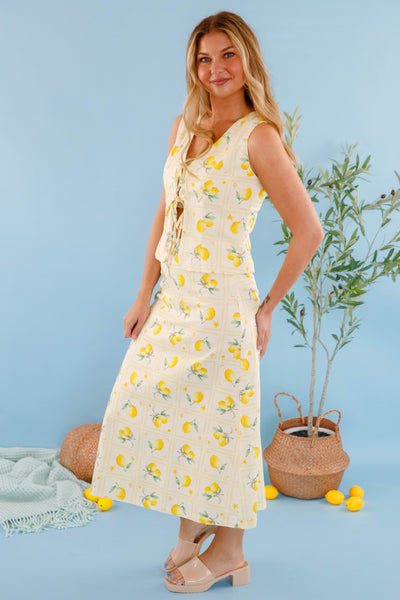 Lemon Print Maxi Skirt- A-Line Linen Skirt- Women's Lemon Print Set