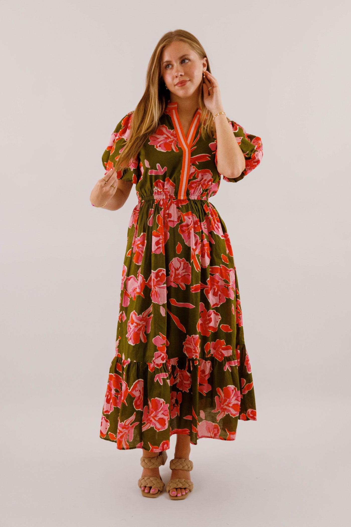 Women's Olive Printed Dress- THML Midi Dress- Women's Anthro Midi Dress