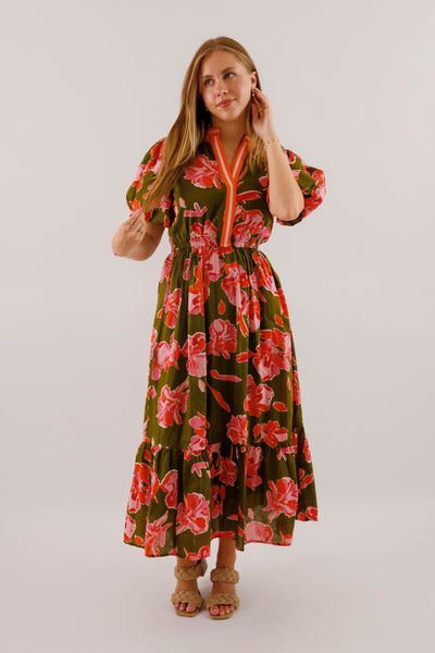 Women's Olive Printed Dress- THML Midi Dress- Women's Anthro Midi Dress