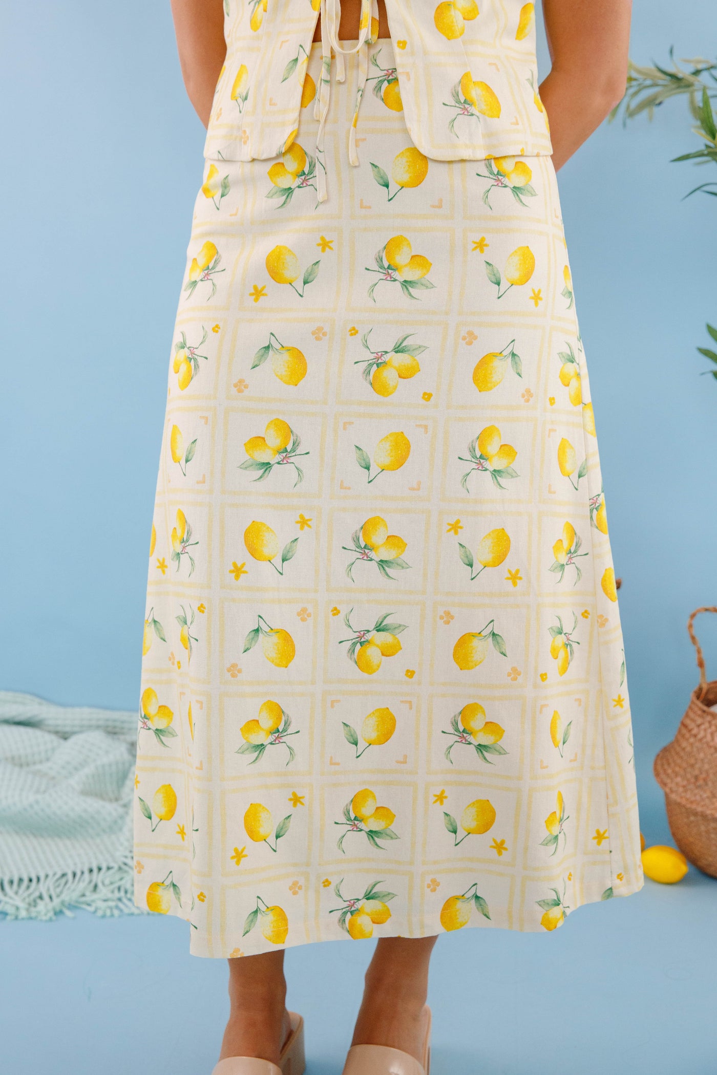 Lemon Print Maxi Skirt- A-Line Linen Skirt- Women's Lemon Print Set