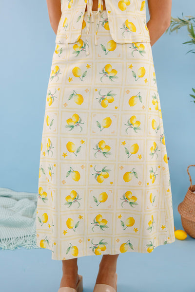 Lemon Print Maxi Skirt- A-Line Linen Skirt- Women's Lemon Print Set