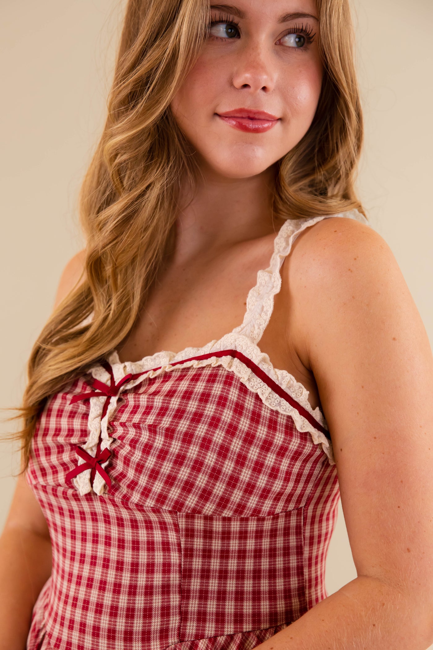 Vintage Inspired Gingham Mini Dress- Women's Checked Dress With Bow Detailing- Rosie Posie Plaid Dress