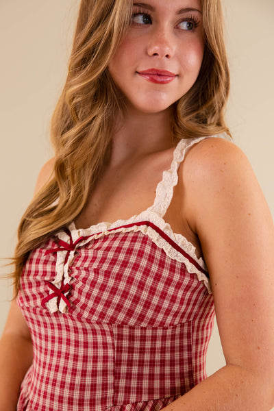 Vintage Inspired Gingham Mini Dress- Women's Checked Dress With Bow Detailing- Rosie Posie Plaid Dress