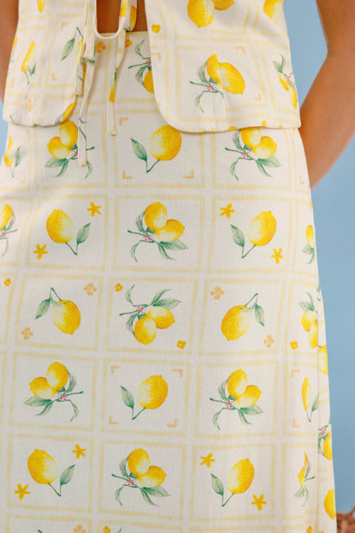 Lemon Print Maxi Skirt- A-Line Linen Skirt- Women's Lemon Print Set