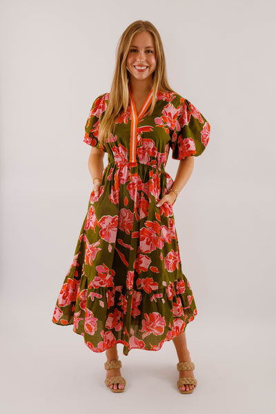 Women's Olive Printed Dress- THML Midi Dress- Women's Anthro Midi Dress