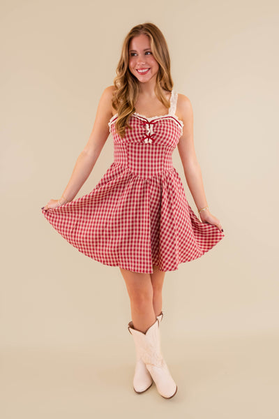 Vintage Inspired Gingham Mini Dress- Women's Checked Dress With Bow Detailing- Rosie Posie Plaid Dress