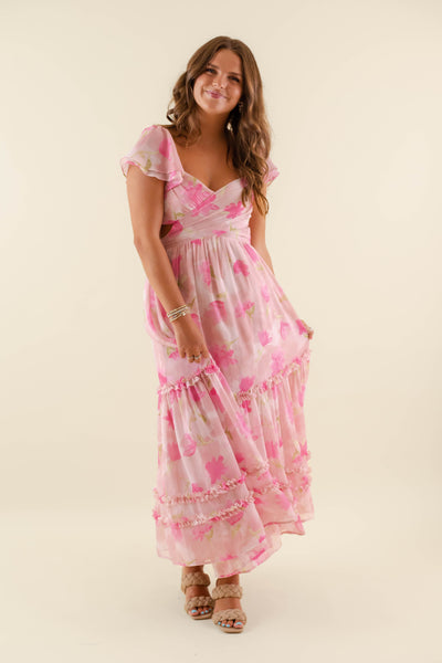 Watercolor Floral Pattern Maxi- Ruffle Pink Maxi Dress- BluPepper Pink Dress