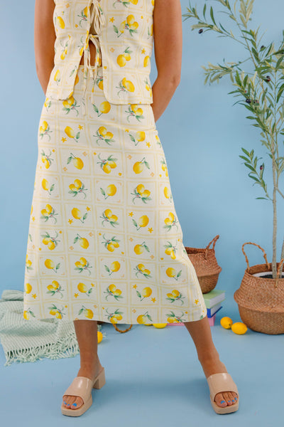 Lemon Print Maxi Skirt- A-Line Linen Skirt- Women's Lemon Print Set