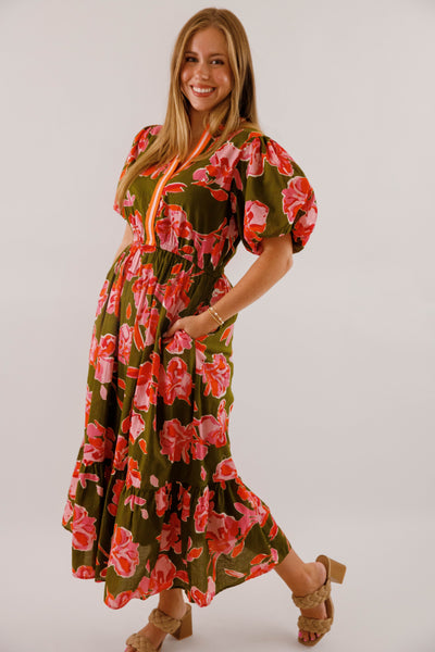 Women's Olive Printed Dress- THML Midi Dress- Women's Anthro Midi Dress