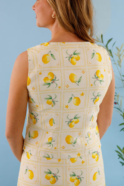 Lemon Print Vest Top- Front Tie Sleeveless Blouse- Women's Lemon Print Set