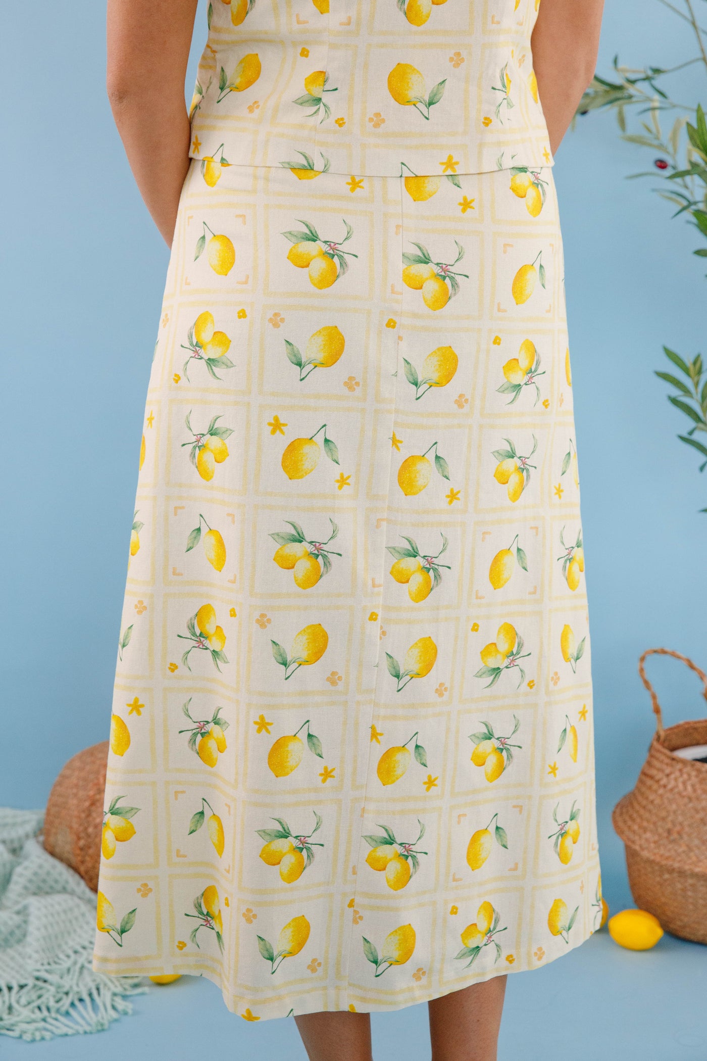 Lemon Print Maxi Skirt- A-Line Linen Skirt- Women's Lemon Print Set