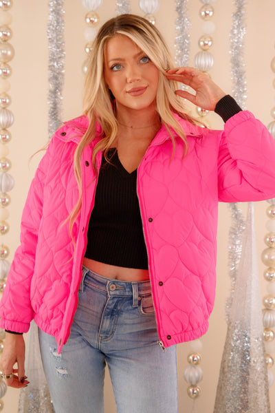 Hot Pink Heart Puffer Jacket- Women's Heart Puff Coat- Hot Pink Winter Jacket