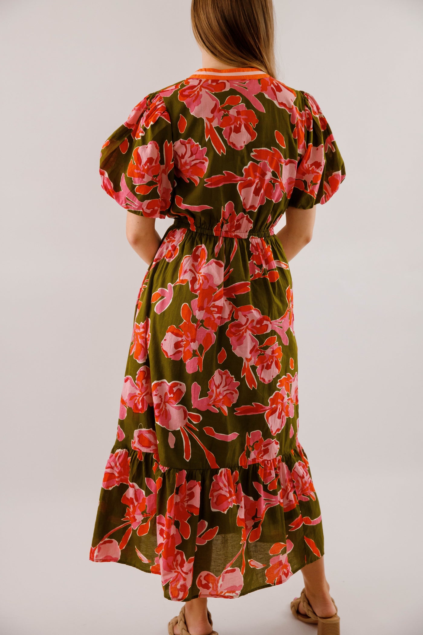 Women's Olive Printed Dress- THML Midi Dress- Women's Anthro Midi Dress